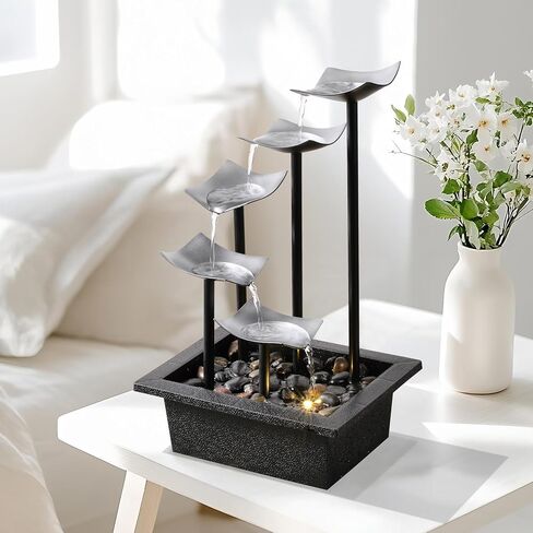 14" Indoor Tabletop Fountain, 5-Tier Modern Waterfall with LED Light and Natural River Rocks, Home Bedroom and Office Relaxation Decor, Zen Desktop Water Feature for Home & Office Gift in Saudi Arabia