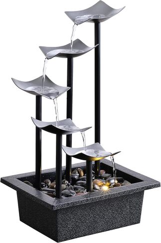 14" Indoor Tabletop Fountain, 5-Tier Modern Waterfall with LED Light and Natural River Rocks, Home Bedroom and Office Relaxation Decor, Zen Desktop Water Feature for Home & Office Gift in Saudi Arabia