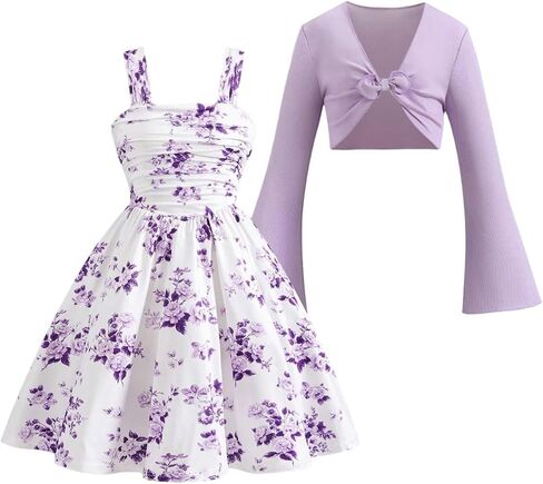 Verdusa Girl's Cute Flower Floral Summer Dresses 2 Piece Sets Ruched Ruffle Tank Dress with Tie Knot Lightweight Cardigans in Kuwait