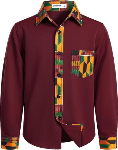LucMatton Boy's African Long Sleeve Button up Shirt Kente Print Patchwork Afrocentric Attire for Kids in Kuwait