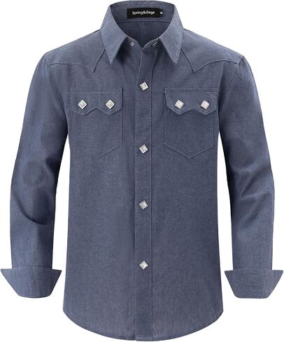 Spring&Gege Boys Western Shirt Two Pockets Button Down Shirts Long Sleeve Kids Cowboy Pearl Snap (7-14 Years) in Kuwait