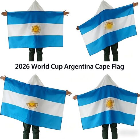 2026 World Cup Argentina Flag Cape, Premium 100% Polyester Fan Body Flag, Breathable Hooded Shawl with Sky Blue-White Stripes & Sun Emblem in Kuwait