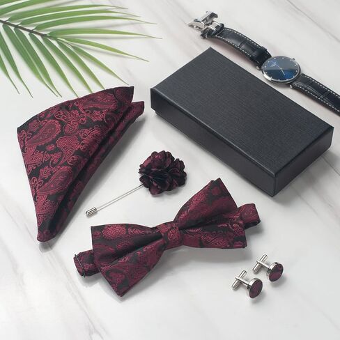 Paisley Bow Ties for Men, Mens Pre-tied Bowties and Pocket Square with Lapel Pin Cufflinks Set with Gift Box in Kuwait