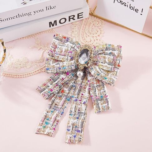 White Plaid Pattern Bow Tie with Pin Dainty Fabric Brooch Big Sparkling Crystal Pearl Pendant Pre Tied Bowknot Neck Collar Ties for Women Ladies Clothes Wedding Party Daily Dress Accessories in Kuwait
