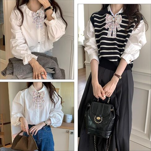 White Plaid Pattern Bow Tie with Pin Dainty Fabric Brooch Big Sparkling Crystal Pearl Pendant Pre Tied Bowknot Neck Collar Ties for Women Ladies Clothes Wedding Party Daily Dress Accessories in Kuwait