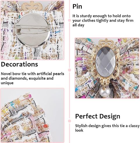 White Plaid Pattern Bow Tie with Pin Dainty Fabric Brooch Big Sparkling Crystal Pearl Pendant Pre Tied Bowknot Neck Collar Ties for Women Ladies Clothes Wedding Party Daily Dress Accessories in Kuwait