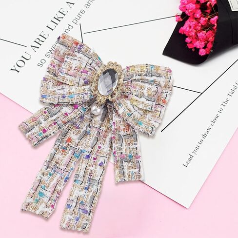 White Plaid Pattern Bow Tie with Pin Dainty Fabric Brooch Big Sparkling Crystal Pearl Pendant Pre Tied Bowknot Neck Collar Ties for Women Ladies Clothes Wedding Party Daily Dress Accessories in Kuwait