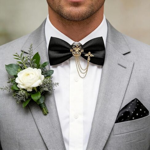 Bow Ties for Men,Black Bow Tie with Crown Design,Classic Style Neckband Brooch,Tuxedo Accessory in Kuwait