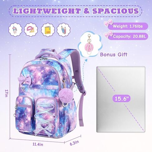 MOONBABY Kids Backpack for Girls, Fits 15.6 Inch Laptop Large Capacity School Bookbag, Girls Backpack with Lovely Pendant, Back to School Bag for Elementary Primary Students Teen Ages 6-12, Purple in Saudi Arabia