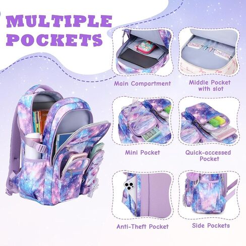 MOONBABY Kids Backpack for Girls, Fits 15.6 Inch Laptop Large Capacity School Bookbag, Girls Backpack with Lovely Pendant, Back to School Bag for Elementary Primary Students Teen Ages 6-12, Purple in Saudi Arabia