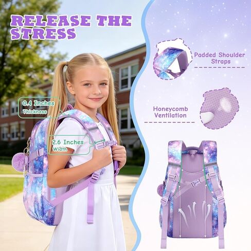 MOONBABY Kids Backpack for Girls, Fits 15.6 Inch Laptop Large Capacity School Bookbag, Girls Backpack with Lovely Pendant, Back to School Bag for Elementary Primary Students Teen Ages 6-12, Purple in Saudi Arabia