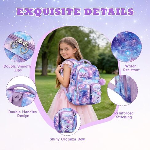 MOONBABY Kids Backpack for Girls, Fits 15.6 Inch Laptop Large Capacity School Bookbag, Girls Backpack with Lovely Pendant, Back to School Bag for Elementary Primary Students Teen Ages 6-12, Purple in Saudi Arabia
