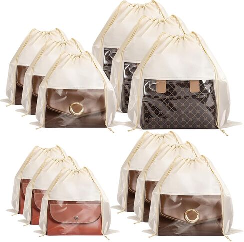 12 PCS Dust Bags for Handbags, Dustproof Drawstring Bags, Purses Organizers Storage Bags for Handbags Shoes Purses, Breathable Non Woven Fabric Cloth Pouch Bag, Beige, 4 Size in Saudi Arabia