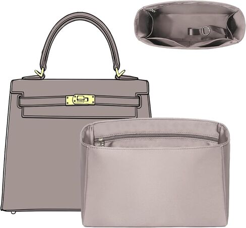 Doxo Ultra-Soft Satin Purse Organizer Insert for Hermes Kelly 25, Waterproof Lightweight Kelly 25 Bag Insert with 6 Compartments & YKK Zipper & Keychain, Luxury Handbag Liner Shape (Gold) in Saudi Arabia