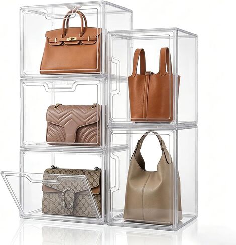 Purse Organizer for Closet,Clear Display Case for Handbag Organizer, Purse Storage Box with Magnetic Door, Stackable Storage Bins for Bag, Wallet, Book, Collectibles, Cosmetic (5 Pack) in Kuwait