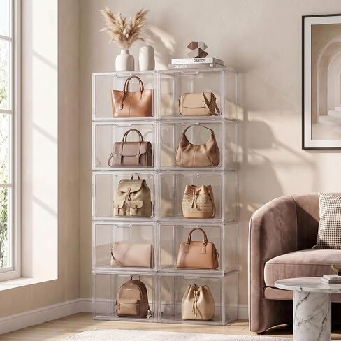 Purse Organizer for Closet,Clear Display Case for Handbag Organizer, Purse Storage Box with Magnetic Door, Stackable Storage Bins for Bag, Wallet, Book, Collectibles, Cosmetic (5 Pack) in Kuwait