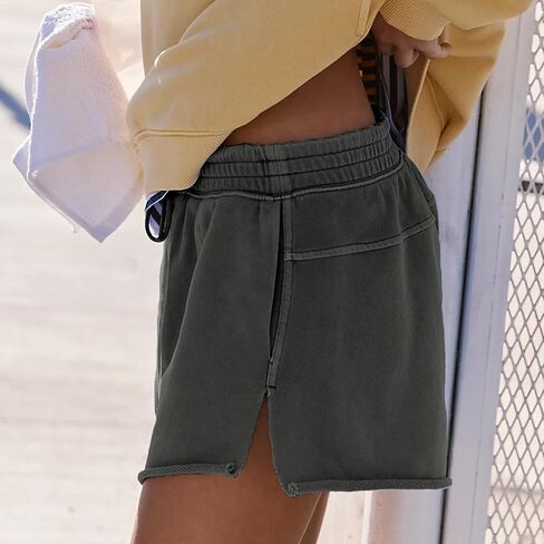 Songling Women's Sweat Shorts Casual Summer Athletic Raw Edge Running Elastic Waist Wash French Terry Shorts with Pockets(Dark-Gray,S) in Saudi Arabia