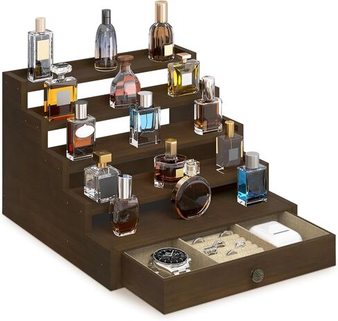 EsLuker.ly Perfume Organizer Cologne Holder Stand for Men, Wooden Cologne Display Shelf for Dresser Countertop, 5 Tier Large Capacity Storage Rack with Drawer, Keep Fragrance Neat & Accessible (Black, 5 Tier) in Saudi Arabia