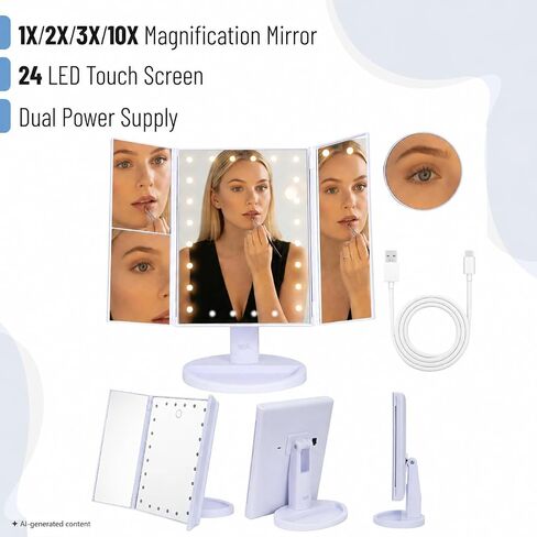 Ms. Pen- Tri-Fold Makeup Mirror Vanity with Lights, 9" x 13.6", 1X/2X/3X/10X Magnification, 24 LED Touch Screen, Dual Power Supply, 180° Rotation, Portable Lighted Cosmetic Mirror for Makeup & Travel in Saudi Arabia
