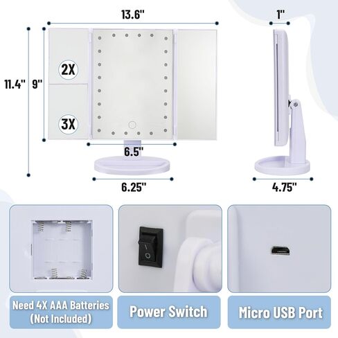 Ms. Pen- Tri-Fold Makeup Mirror Vanity with Lights, 9" x 13.6", 1X/2X/3X/10X Magnification, 24 LED Touch Screen, Dual Power Supply, 180° Rotation, Portable Lighted Cosmetic Mirror for Makeup & Travel in Saudi Arabia