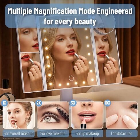 Ms. Pen- Tri-Fold Makeup Mirror Vanity with Lights, 9" x 13.6", 1X/2X/3X/10X Magnification, 24 LED Touch Screen, Dual Power Supply, 180° Rotation, Portable Lighted Cosmetic Mirror for Makeup & Travel in Saudi Arabia
