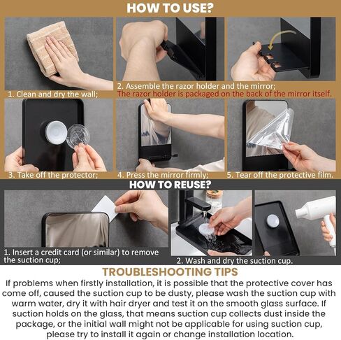 TAILI Fogless Shower Mirror, Anti-Fog with Razor Holder, Suction Shaving Mirror with Storage Tray, Rust-Proof, Shatterproof, Removable for Bathroom, Shower Accessories, Black in Saudi Arabia
