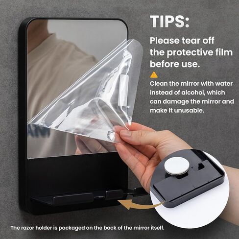 TAILI Fogless Shower Mirror, Anti-Fog with Razor Holder, Suction Shaving Mirror with Storage Tray, Rust-Proof, Shatterproof, Removable for Bathroom, Shower Accessories, Black in Saudi Arabia