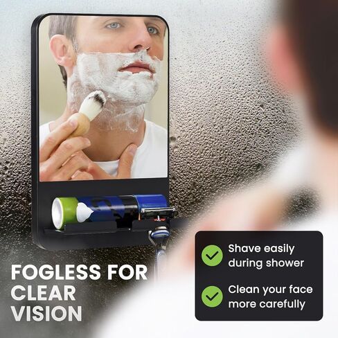 TAILI Fogless Shower Mirror, Anti-Fog with Razor Holder, Suction Shaving Mirror with Storage Tray, Rust-Proof, Shatterproof, Removable for Bathroom, Shower Accessories, Black in Saudi Arabia