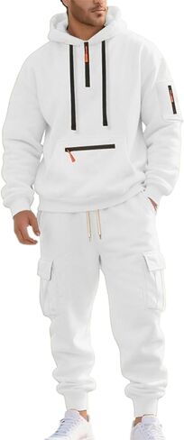 Mens Sweatsuits 2 Piece Set Pullover Hoodie Matching Cargo Sweatpants Track Sets Workout Athletic Casual Jogging Suit in Kuwait