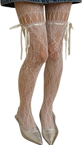 Women's Cute High Waist Bow Lace Tights Floral Patterned Goth Fishnet Stockings Valentines Halloween Outfits Concert in Saudi Arabia