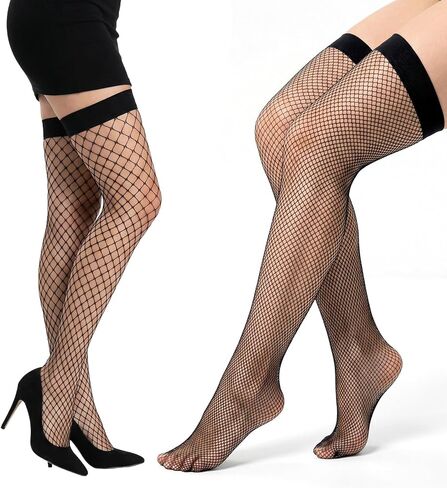 2 Pairs Fishnet Thigh Highs Stockings, Black Thigh High Fishnet Stockings Elasticity Slimming and Leg-Shaped Sexy Lingerie Socking for Women Daily Photo Wear in Kuwait