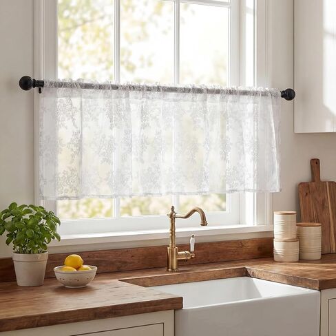 Emvency 2 Pack Valances for Windows, Black Lace Romantic Elegant Light Filtering Semi Sheer Floral Drapes Curtain for Bedroom Living Room Kitchen Over Sink, 52x18 Inch Rod Pocket Valances in Saudi Arabia