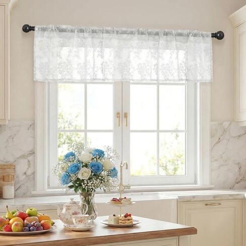 Emvency 2 Pack Valances for Windows, Black Lace Romantic Elegant Light Filtering Semi Sheer Floral Drapes Curtain for Bedroom Living Room Kitchen Over Sink, 52x18 Inch Rod Pocket Valances in Saudi Arabia