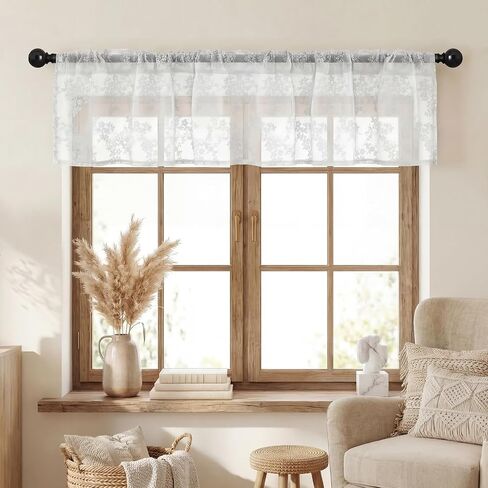 Emvency 2 Pack Valances for Windows, Black Lace Romantic Elegant Light Filtering Semi Sheer Floral Drapes Curtain for Bedroom Living Room Kitchen Over Sink, 52x18 Inch Rod Pocket Valances in Saudi Arabia