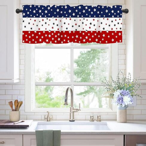 4th of July Patriotic Valance for Kitchen 250th Anniversary Red White Blue Stars Design Short Curtain Independence Memorial Day & Veterans Day Celebrations Window Treatment Topper Curtains for Bedroom in Saudi Arabia
