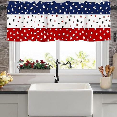 4th of July Patriotic Valance for Kitchen 250th Anniversary Red White Blue Stars Design Short Curtain Independence Memorial Day & Veterans Day Celebrations Window Treatment Topper Curtains for Bedroom in Saudi Arabia