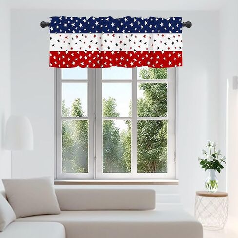 4th of July Patriotic Valance for Kitchen 250th Anniversary Red White Blue Stars Design Short Curtain Independence Memorial Day & Veterans Day Celebrations Window Treatment Topper Curtains for Bedroom in Saudi Arabia