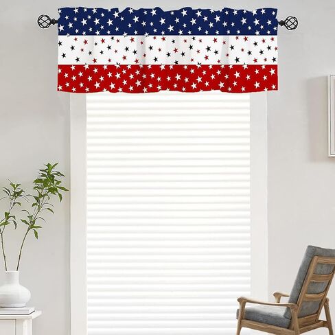 4th of July Patriotic Valance for Kitchen 250th Anniversary Red White Blue Stars Design Short Curtain Independence Memorial Day & Veterans Day Celebrations Window Treatment Topper Curtains for Bedroom in Saudi Arabia