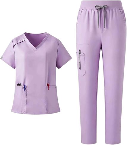 Scrubs for Women Set Stretch V-Neck Top & Jogger Pants with Drawstring Medical Nursing Uniforms Set with Pockets in Saudi Arabia