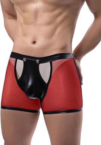 ohmydear Men Sexy Boxer Briefs See Through Mesh Underwear Funny Button Faux Leather Removable Pouch Breathable Underpants in Saudi Arabia
