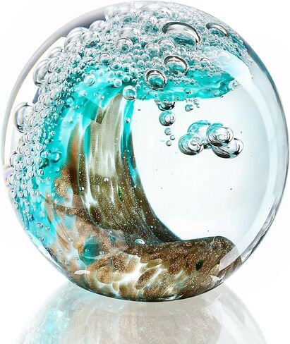 Hand Blown Glass Ocean Wave Ball, 2.3" Blue Sea Wave Crystal Figurine Paperweight, Decorative Glass Sphere Ornament for Home Office, Nautical Decor Collectible, Birthday Gift for Ocean Lovers in Kuwait