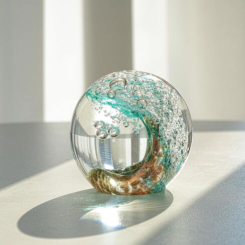 Hand Blown Glass Ocean Wave Ball, 2.3" Blue Sea Wave Crystal Figurine Paperweight, Decorative Glass Sphere Ornament for Home Office, Nautical Decor Collectible, Birthday Gift for Ocean Lovers in Kuwait