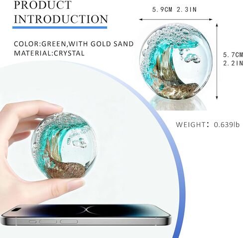 Hand Blown Glass Ocean Wave Ball, 2.3" Blue Sea Wave Crystal Figurine Paperweight, Decorative Glass Sphere Ornament for Home Office, Nautical Decor Collectible, Birthday Gift for Ocean Lovers in Kuwait