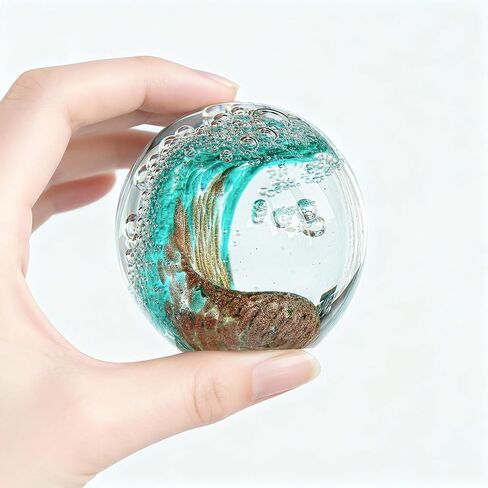 Hand Blown Glass Ocean Wave Ball, 2.3" Blue Sea Wave Crystal Figurine Paperweight, Decorative Glass Sphere Ornament for Home Office, Nautical Decor Collectible, Birthday Gift for Ocean Lovers in Kuwait