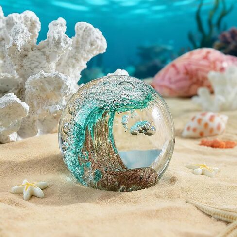 Hand Blown Glass Ocean Wave Ball, 2.3" Blue Sea Wave Crystal Figurine Paperweight, Decorative Glass Sphere Ornament for Home Office, Nautical Decor Collectible, Birthday Gift for Ocean Lovers in Kuwait