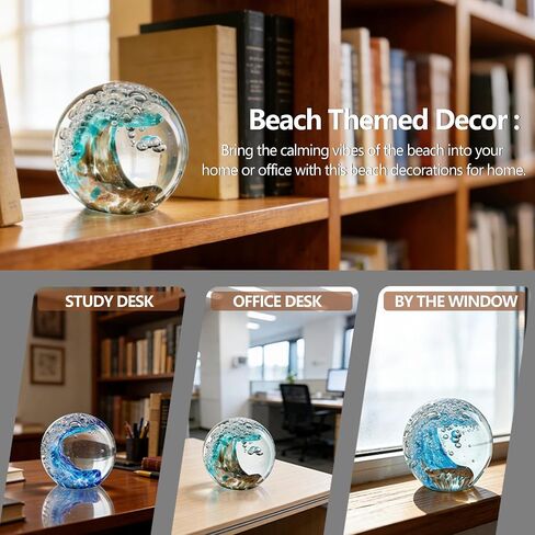 Hand Blown Glass Ocean Wave Ball, 2.3" Blue Sea Wave Crystal Figurine Paperweight, Decorative Glass Sphere Ornament for Home Office, Nautical Decor Collectible, Birthday Gift for Ocean Lovers in Kuwait