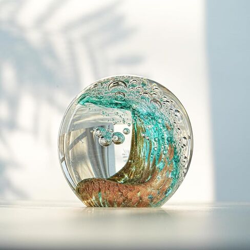 Hand Blown Glass Ocean Wave Ball, 2.3" Blue Sea Wave Crystal Figurine Paperweight, Decorative Glass Sphere Ornament for Home Office, Nautical Decor Collectible, Birthday Gift for Ocean Lovers in Kuwait