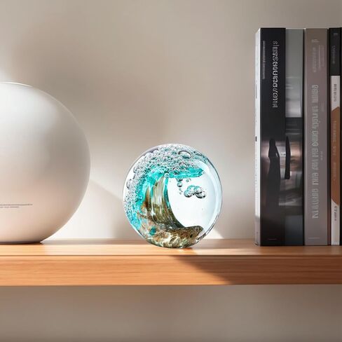 Hand Blown Glass Ocean Wave Ball, 2.3" Blue Sea Wave Crystal Figurine Paperweight, Decorative Glass Sphere Ornament for Home Office, Nautical Decor Collectible, Birthday Gift for Ocean Lovers in Kuwait