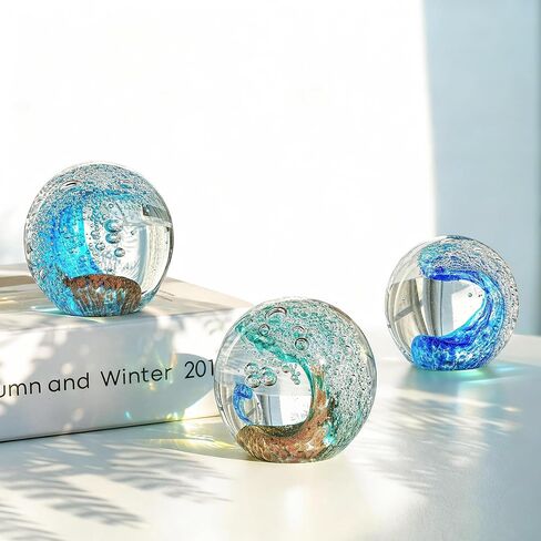 Hand Blown Glass Ocean Wave Ball, 2.3" Blue Sea Wave Crystal Figurine Paperweight, Decorative Glass Sphere Ornament for Home Office, Nautical Decor Collectible, Birthday Gift for Ocean Lovers in Kuwait