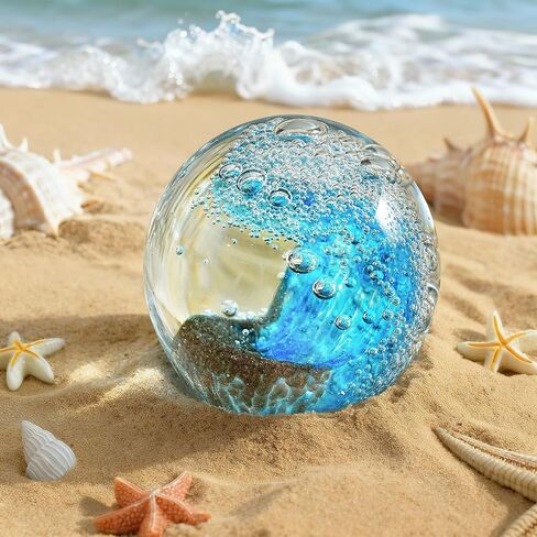 Hand Blown Glass Ocean Wave Ball, 2.3" Blue Sea Wave Crystal Figurine Paperweight, Decorative Glass Sphere Ornament for Home Office, Nautical Decor Collectible, Birthday Gift for Ocean Lovers in Kuwait